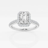 Halo emerald cut engagement ring with pave set diamond shoulders