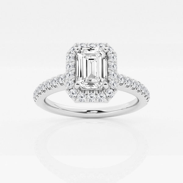 Halo emerald cut engagement ring with pave set diamond shoulders