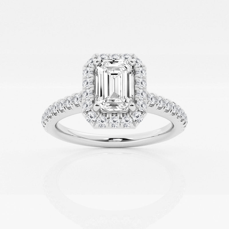 Halo emerald cut engagement ring with pave set diamond shoulders