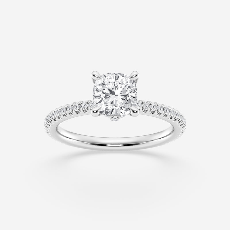 Hidden halo cushion cut diamond engagement ring