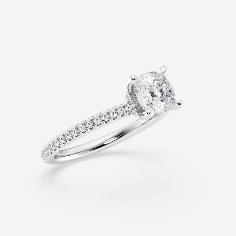 Hidden halo cushion cut diamond engagement ring