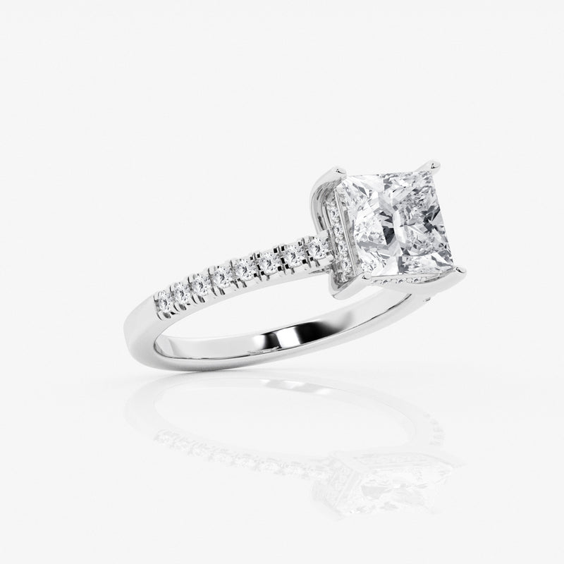 Hidden halo princess cut engagement ring with diamond shoulders