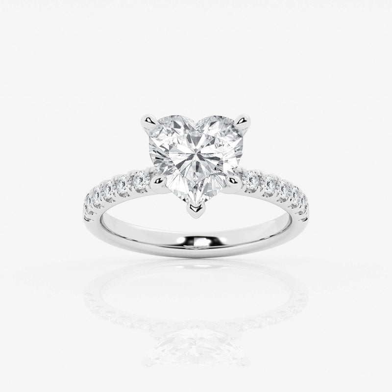 hidden halo heart cut engagement ring with diamond shoulders