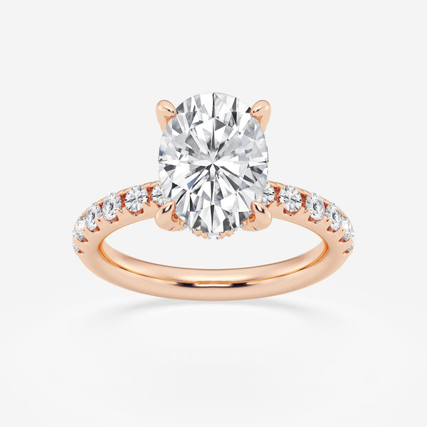 Double hidden halo Oval cut engagement ring with diamond shoulders in 18k rose gold