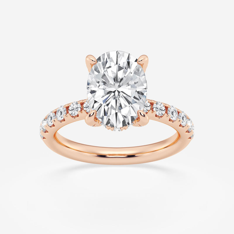 Double hidden halo Oval cut engagement ring with diamond shoulders in 18k rose gold