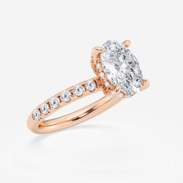 Double hidden halo Oval cut engagement ring with diamond shoulders in 18k rose gold