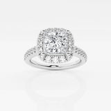 Halo Cushion diamond engagement ring with pave set diamond shoulders