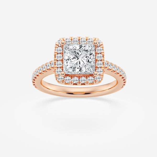 Halo princess cut engagement ring with pave set diamond shoulders in 18k rose gold