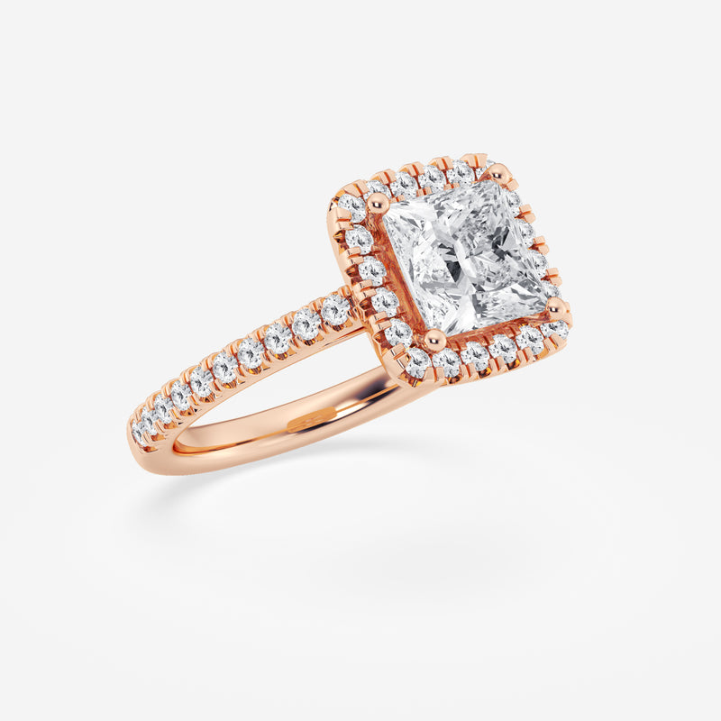 Halo princess cut engagement ring with pave set diamond shoulders in 18k rose gold