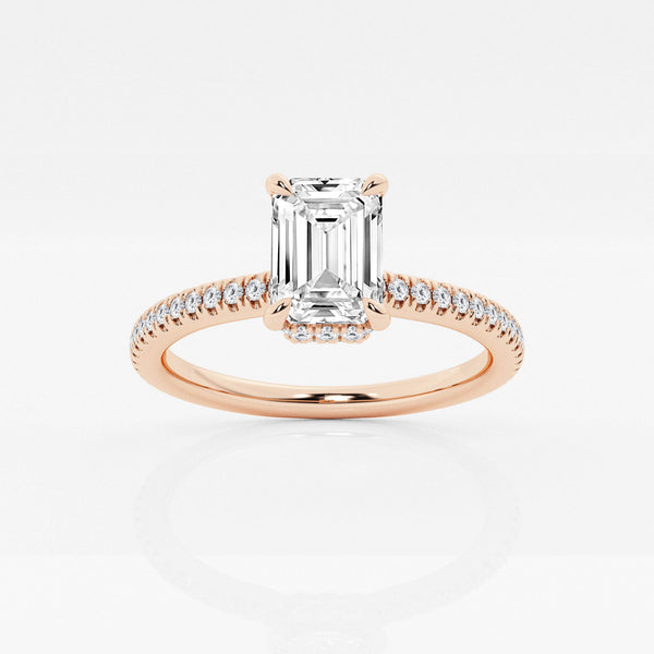 Emerald solitaire engagement ring with hidden diamond halo and pavé band in Rose Gold