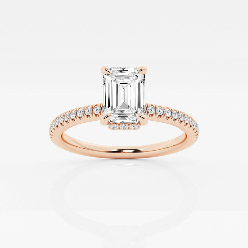 Emerald solitaire engagement ring with hidden diamond halo and pavé band in Rose Gold