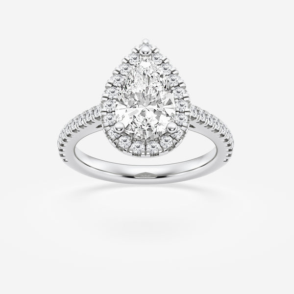 Halo pear engagement ring with pave set shoulders