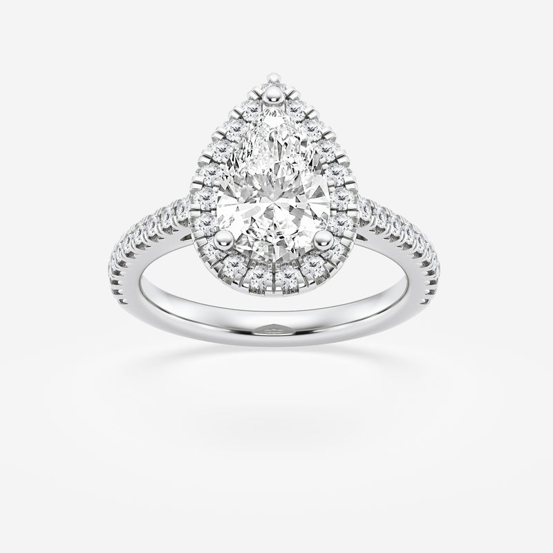 Halo pear engagement ring with pave set shoulders