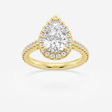 Halo pear engagement ring with pave set shoulders