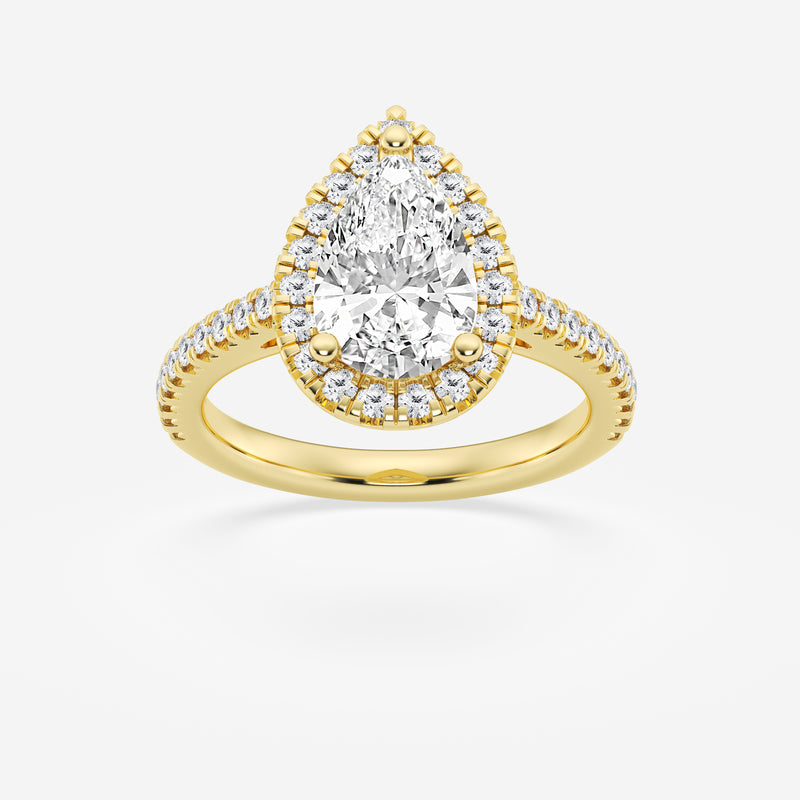 Halo pear engagement ring with pave set shoulders