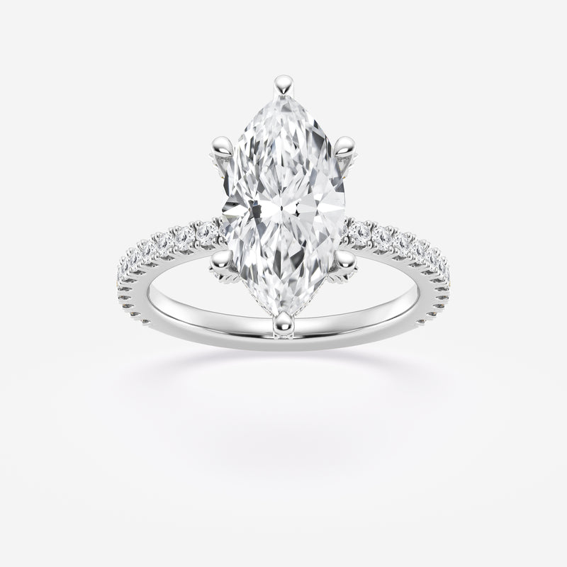 Marquise solitaire engagement ring with hidden diamond halo and pavé band