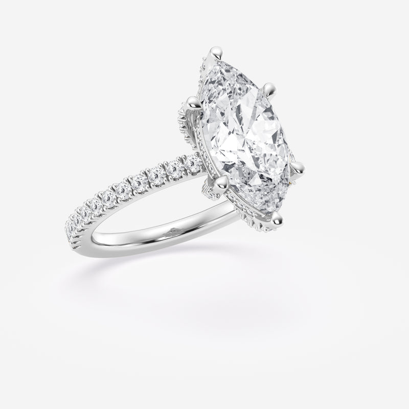 Marquise solitaire engagement ring with hidden diamond halo and pavé band