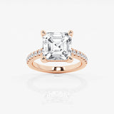 Asscher solitaire engagement ring with hidden diamond halo and pavé band