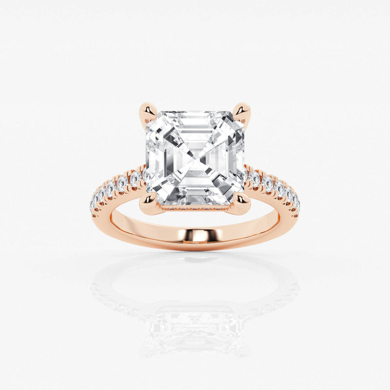 Asscher solitaire engagement ring with hidden diamond halo and pavé band