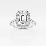 Halo emerald cut engagement ring with pave set diamond shoulders