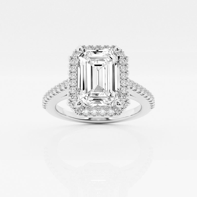 Halo emerald cut engagement ring with pave set diamond shoulders