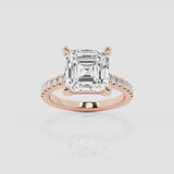 Asscher solitaire engagement ring with hidden diamond halo and pavé band