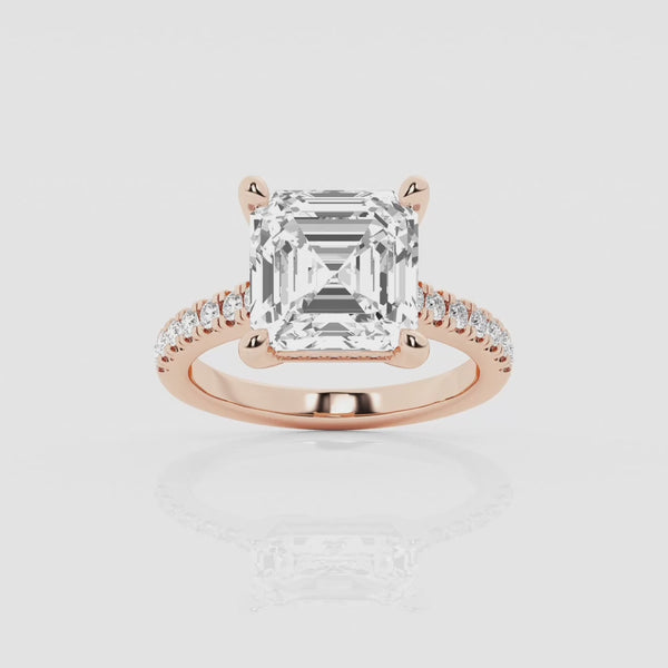 Asscher solitaire engagement ring with hidden diamond halo and pavé band