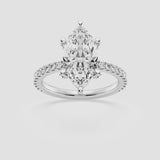 Marquise solitaire engagement ring with hidden diamond halo and pavé band