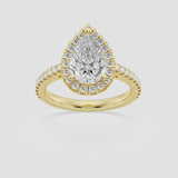 Halo pear engagement ring with pave set shoulders