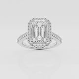 Halo emerald cut engagement ring with pave set diamond shoulders