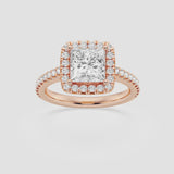 Halo princess cut engagement ring with pave set diamond shoulders in 18k rose gold