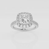 Halo Cushion diamond engagement ring with pave set diamond shoulders