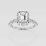 Halo emerald cut engagement ring with pave set diamond shoulders